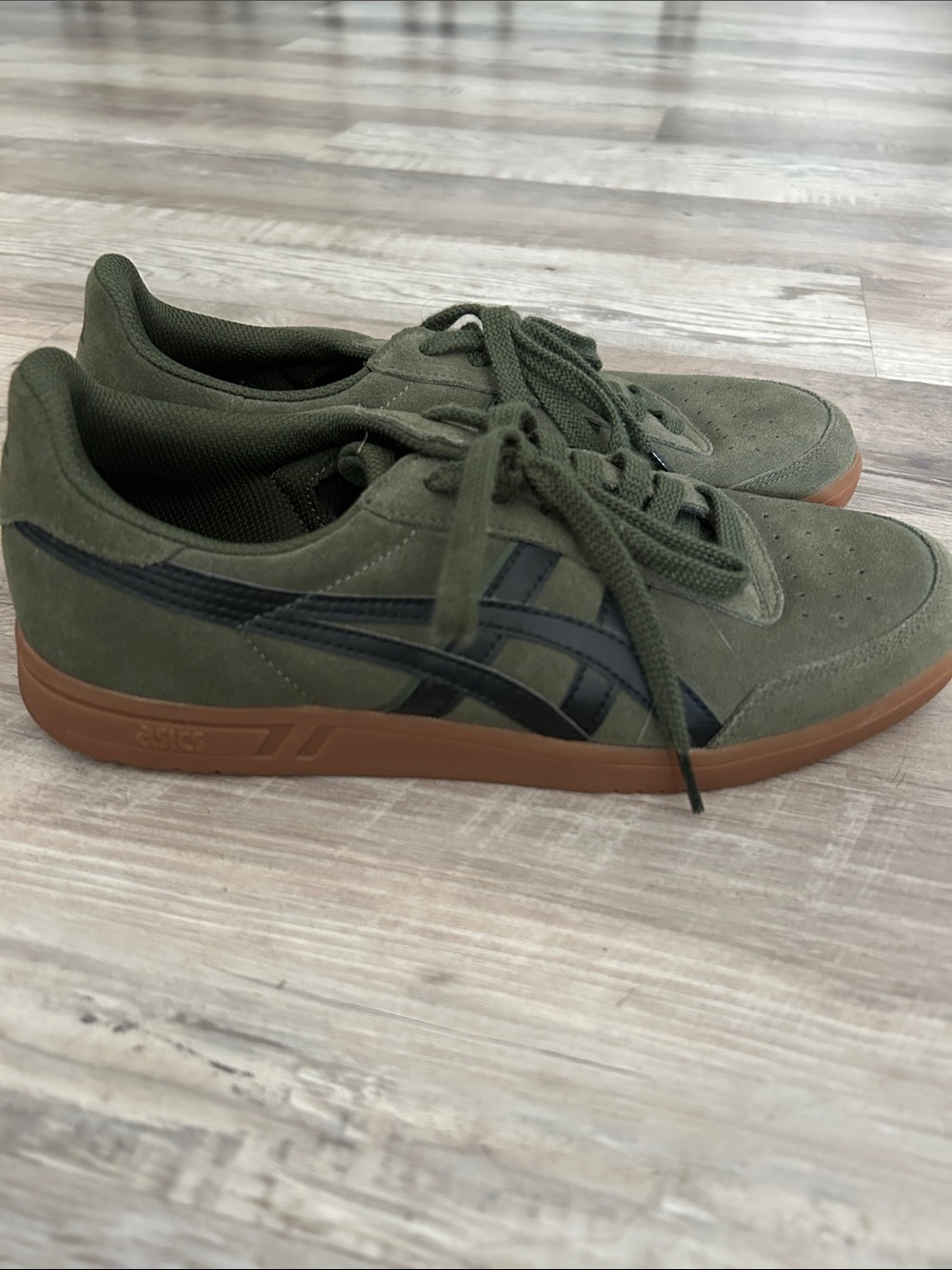 Asics Men’s Olive Green Suede Sneakers with Black Stripes